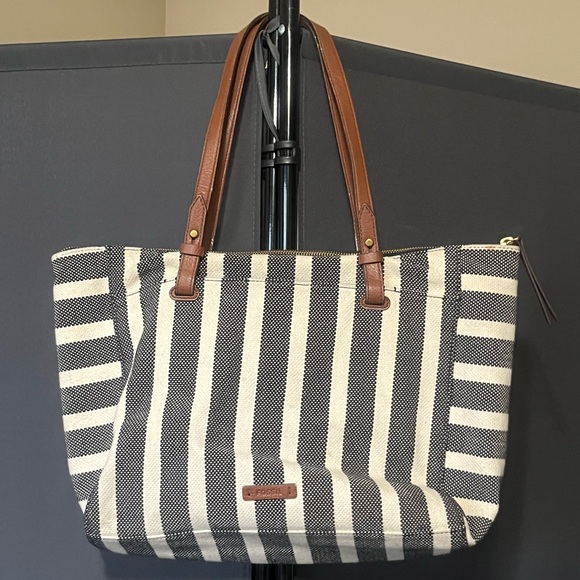 Fossil Striped Black and White canvas Tote Bag with Brown Handles - Picture 1 of 6